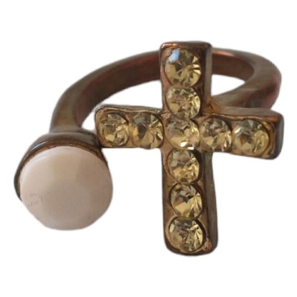 Brass Cross Open Ring Sz 5.5 or 6 Goth Handmade Rhinestone Victorian Religious - Picture 1 of 16